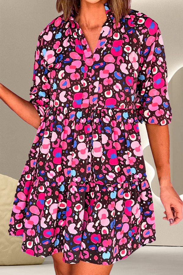 Printed Notched Half Sleeve Mini Dress