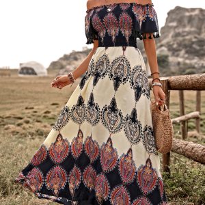 Tassel Printed Off Shoulder Short Sleeve Dress